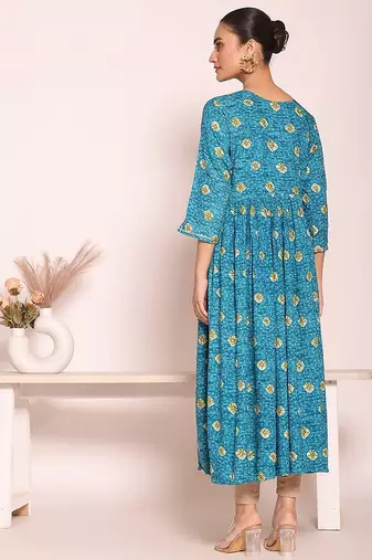 blue embroidered poly silk free size stiched anarkali kurti suit