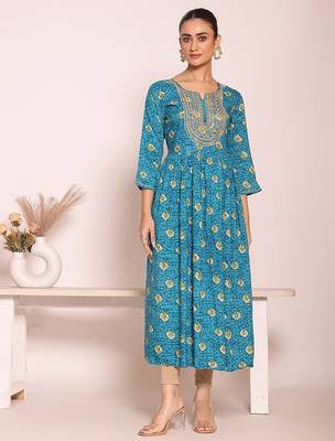 blue embroidered poly silk free size stiched anarkali kurti suit 5