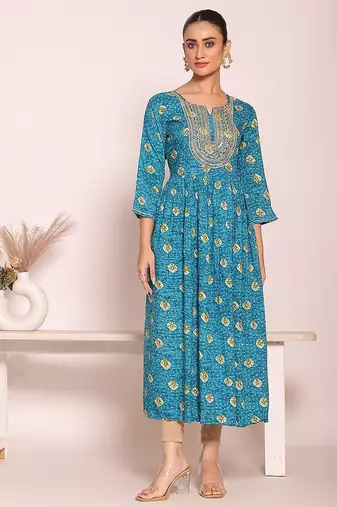 blue embroidered poly silk free size stiched anarkali kurti suit