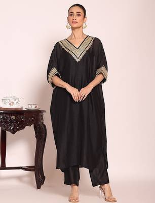 black embroidered poly silk free size stiched kaftan style kurta suit 1