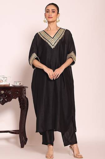 black embroidered poly silk free size stiched kaftan style kurta suit