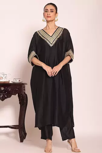 black embroidered poly silk free size stiched kaftan style kurta suit