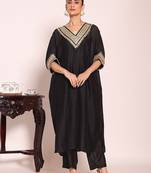 black embroidered poly silk free size stiched kaftan style kurta suit