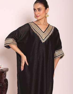 black embroidered poly silk free size stiched kaftan style kurta suit 2