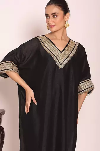 black embroidered poly silk free size stiched kaftan style kurta suit