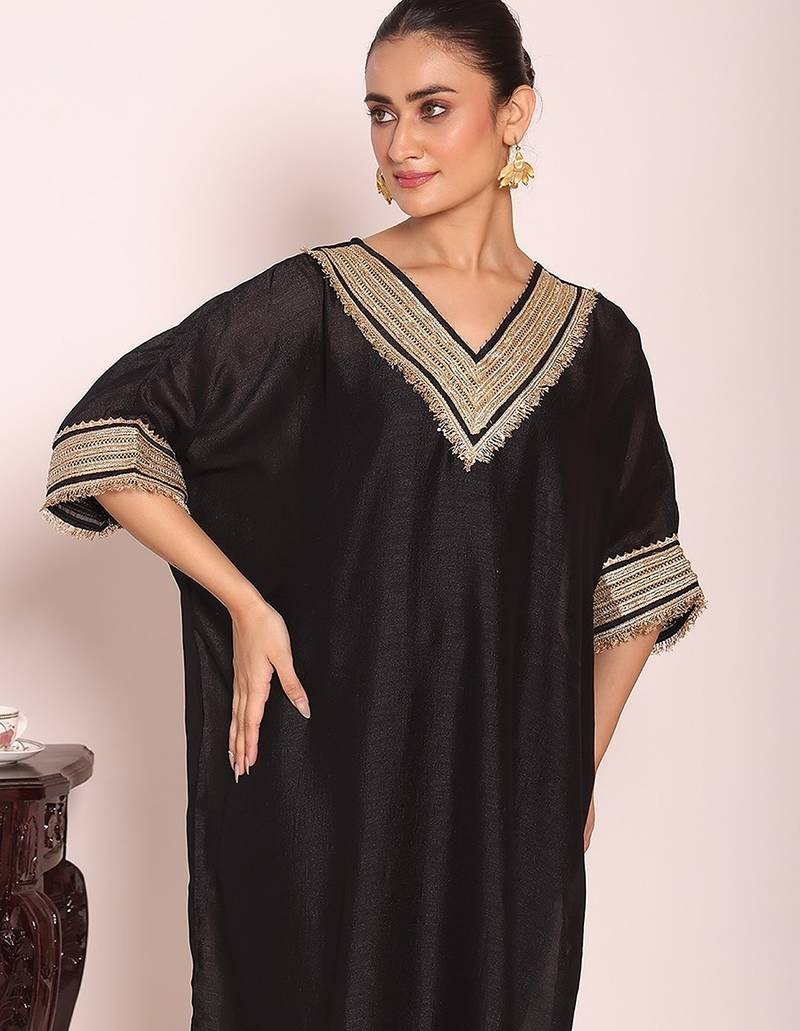 black embroidered poly silk free size stiched kaftan style kurta suit