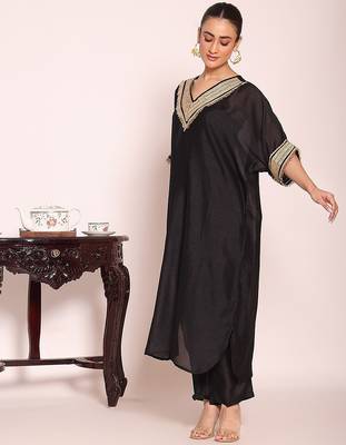 black embroidered poly silk free size stiched kaftan style kurta suit 3
