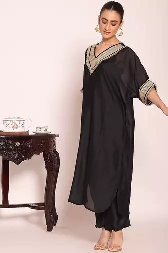black embroidered poly silk free size stiched kaftan style kurta suit