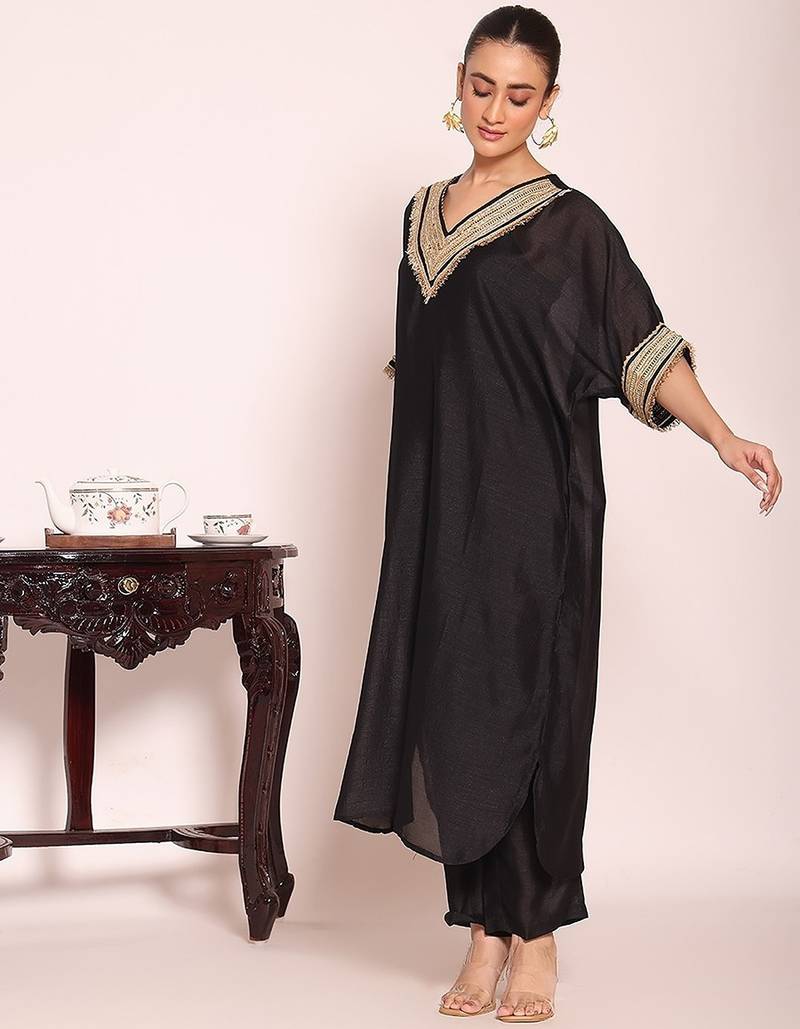 black embroidered poly silk free size stiched kaftan style kurta suit