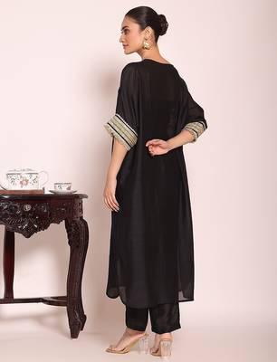 black embroidered poly silk free size stiched kaftan style kurta suit 4