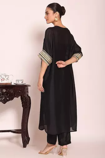 black embroidered poly silk free size stiched kaftan style kurta suit