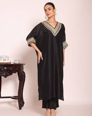 black embroidered poly silk free size stiched kaftan style kurta suit 5
