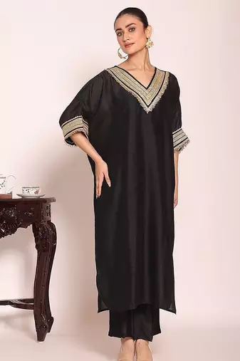 black embroidered poly silk free size stiched kaftan style kurta suit