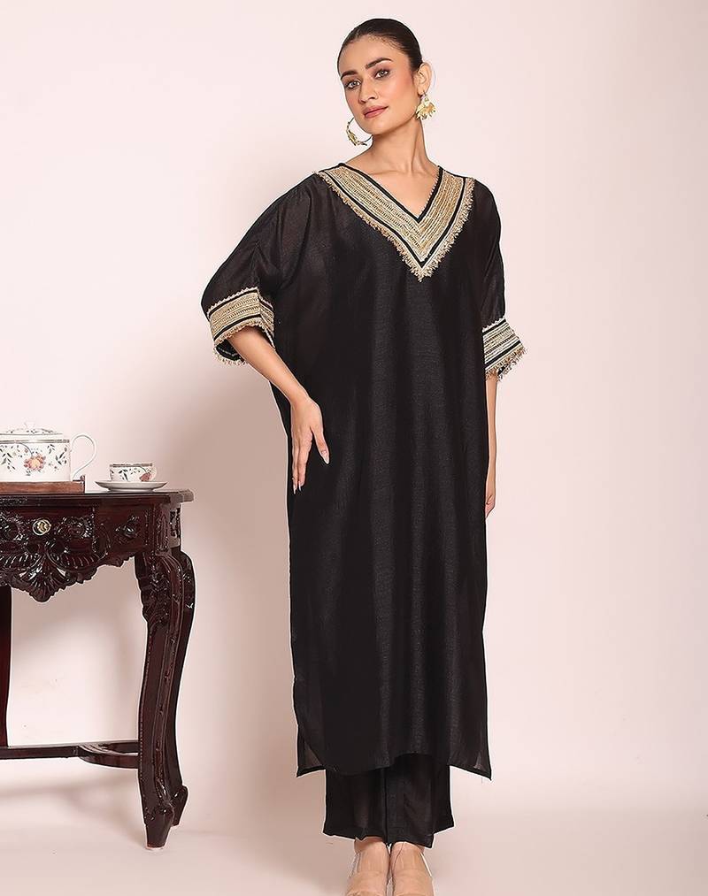 black embroidered poly silk free size stiched kaftan style kurta suit