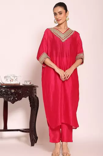 rani pink embroidered poly silk free size stiched kaftan style kurta suit