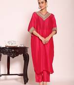 rani pink embroidered poly silk free size stiched kaftan style kurta suit