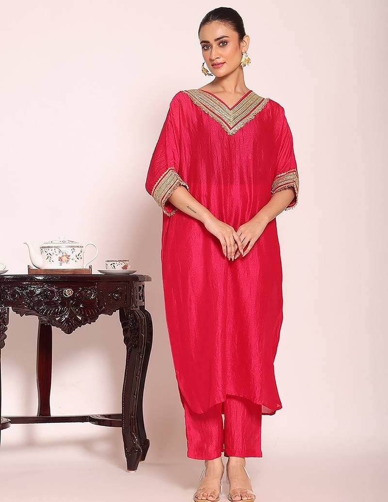 rani pink embroidered poly silk free size stiched kaftan style kurta suit