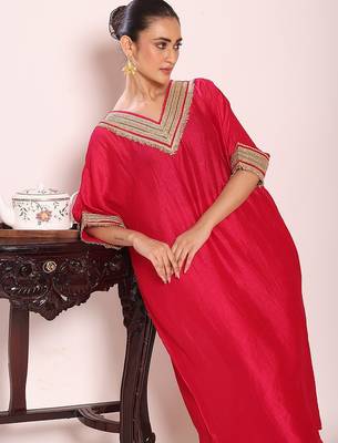 rani pink embroidered poly silk free size stiched kaftan style kurta suit 2