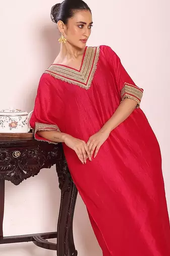 rani pink embroidered poly silk free size stiched kaftan style kurta suit
