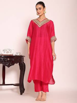 rani pink embroidered poly silk free size stiched kaftan style kurta suit 3