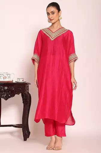 rani pink embroidered poly silk free size stiched kaftan style kurta suit