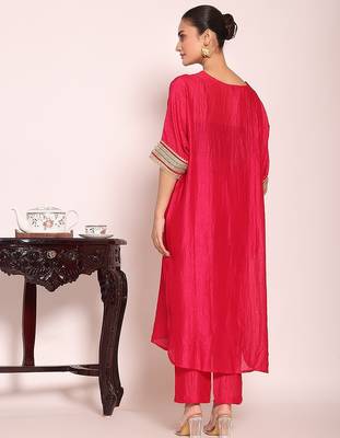 rani pink embroidered poly silk free size stiched kaftan style kurta suit 4