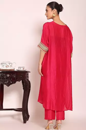rani pink embroidered poly silk free size stiched kaftan style kurta suit