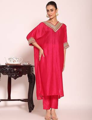 rani pink embroidered poly silk free size stiched kaftan style kurta suit 5