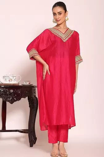 rani pink embroidered poly silk free size stiched kaftan style kurta suit