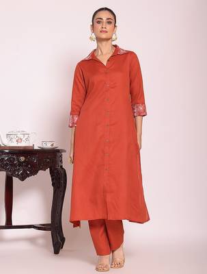 rust embroidered poly silk free size stiched a-line kurta suit 1