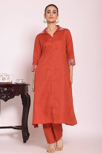 rust embroidered poly silk free size stiched a-line kurta suit