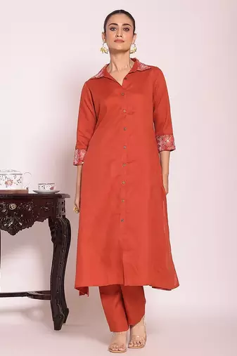 rust embroidered poly silk free size stiched a-line kurta suit