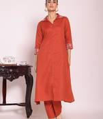 rust embroidered poly silk free size stiched a-line kurta suit