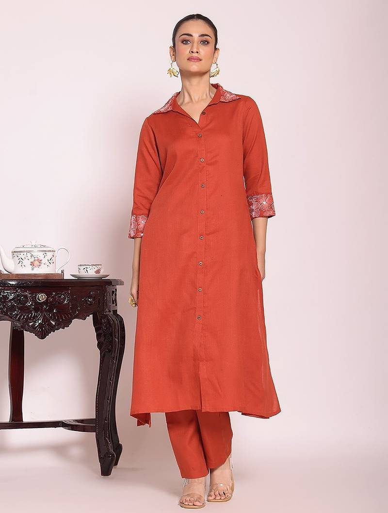 rust embroidered poly silk free size stiched a-line kurta suit