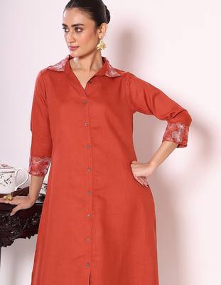 rust embroidered poly silk free size stiched a-line kurta suit 2