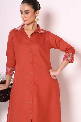rust embroidered poly silk free size stiched a-line kurta suit