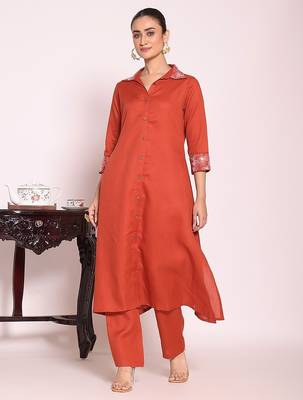 rust embroidered poly silk free size stiched a-line kurta suit 3