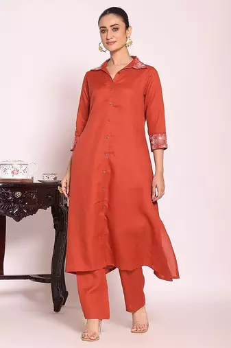 rust embroidered poly silk free size stiched a-line kurta suit