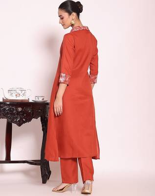 rust embroidered poly silk free size stiched a-line kurta suit 4
