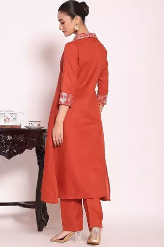 rust embroidered poly silk free size stiched a-line kurta suit