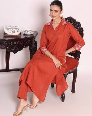 rust embroidered poly silk free size stiched a-line kurta suit 5