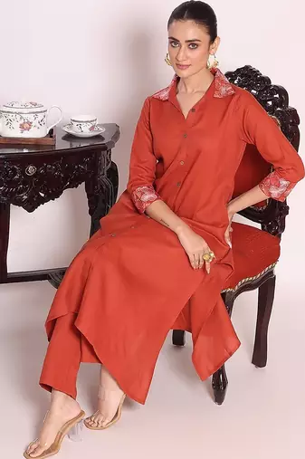 rust embroidered poly silk free size stiched a-line kurta suit