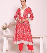 peach printed poly silk free size stiched anarkali kurti suit