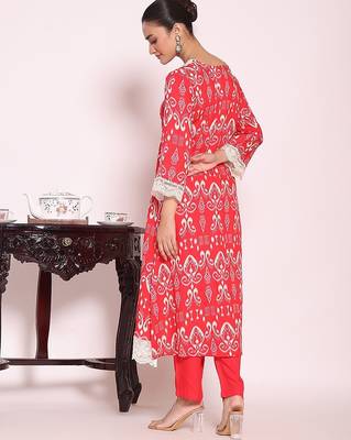 peach printed poly silk free size stiched anarkali kurti suit 4