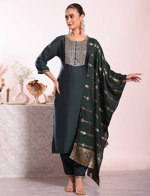 black embroidered poly silk free size stiched kurta set 1