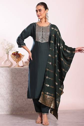 black embroidered poly silk free size stiched kurta set