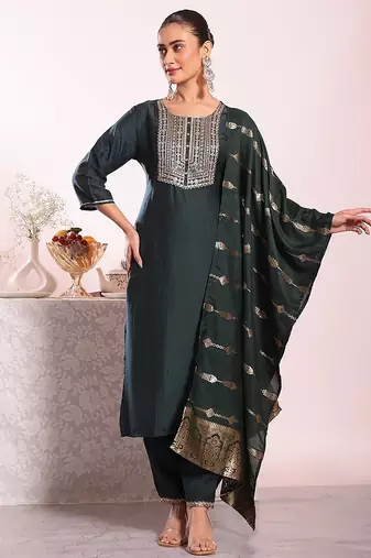 black embroidered poly silk free size stiched kurta set