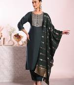 black embroidered poly silk free size stiched kurta set