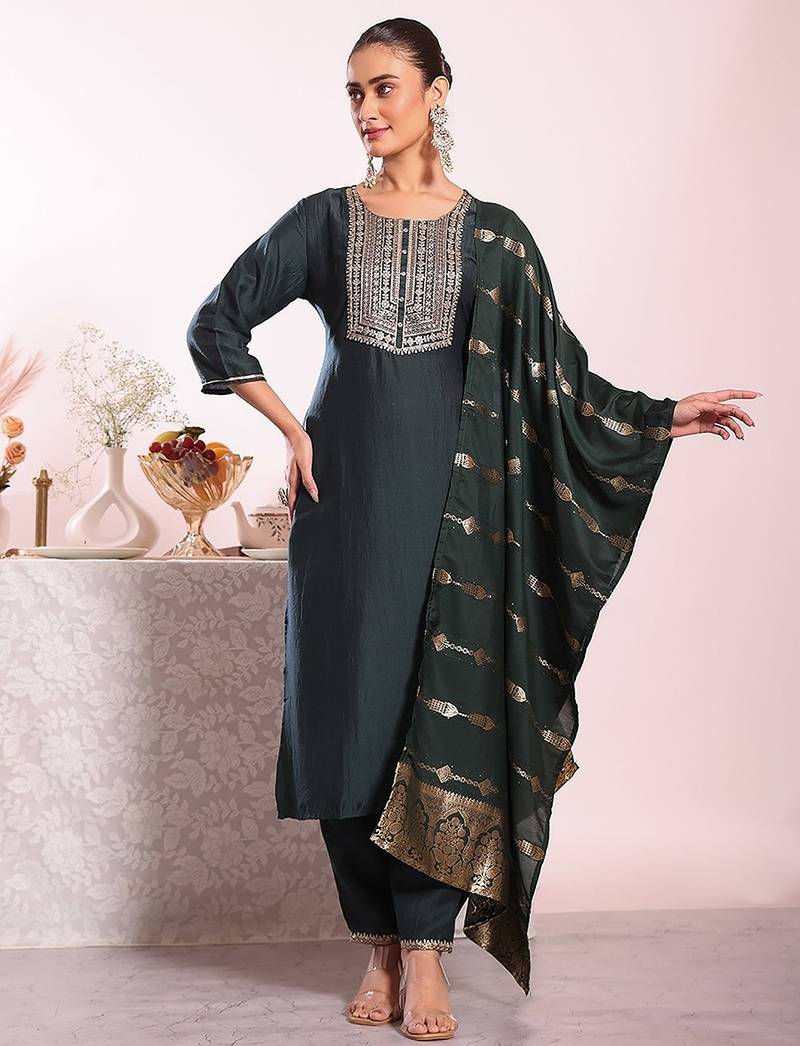 black embroidered poly silk free size stiched kurta set