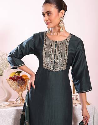 black embroidered poly silk free size stiched kurta set 2